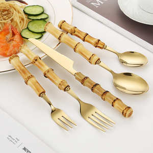 Chất lượng cao thép không gỉ vàng Flatware <span class=keywords><strong>Set</strong></span> 5 Piece tự nhiên bất gỗ tre xử lý thiết lập dao kéo - Product Image 2