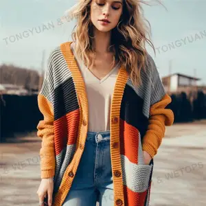 Abbigliamento taglie forti da donna 2023 OEM vendita Cardigan lungo a righe di colore abbinato maglione Cardigan a maglia larga maglioni da donna
