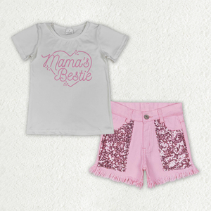 GSSO3758 RTS Ensemble d'été pour petite fille active, haut de yoga rose vif uni, imprimé, tenue en jean à sequins, vente en gros, ensemble short et haut à manches courtes pour enfant - Product Image 4