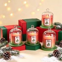 Bougie parfumée de Noël en gros sous marque privée, pot givré rouge et vert avec couvercle cloche en verre, cire de soja, boîte de parfum d'ambiance pour la maison pour les fêtes