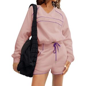 Fisoew Womens Sweatsuits 2 Piece V Neck Fleece Sweatshirts High Waisted Shorts Casual Tracksuits Lounge <b>Sets</b> - Product Image 1
