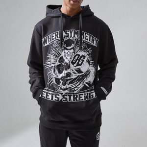 Men's Black Hooded Sweatshirt Set With Front Print Pocket Regular Fit Casual Autumn Wear - Product Image 2