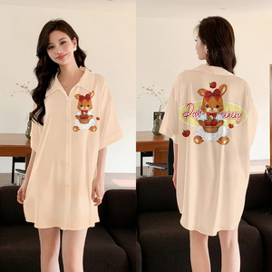 Yaoting nouveau été Satin chemise de nuit pour les femmes à manches courtes col rabattu taille élastique dessin animé motif Homewear ensemble SQ3197 - Product Image 6