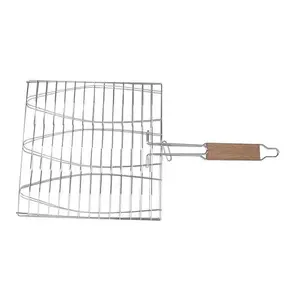 BBQ Fish Grill Net Barbecue Grilling Fish Rack Non-Stick Triple Fish Grilling Basket Wood Handle Barbecue Tool