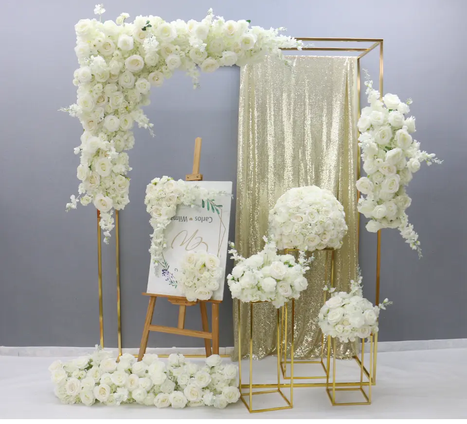 Sang trọng hoa hồng Trắng Nhân Tạo Sắp Xếp Hàng đám cưới cảnh trang trí nội thất Backdrop tường treo rèm hoa bảng hoa bóng