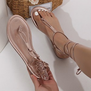 Women's Rose Gold T-Strap Ankle-Wrap Flat Sandals Open Toe Genuine Leather Summer <b>Beach</b> <b>Shoes</b> - Product Image 4