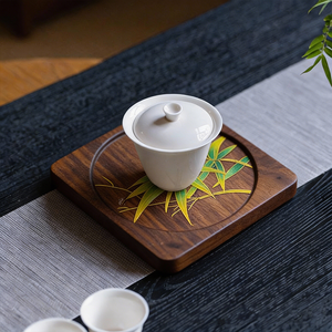 Artisan Walnut Wood Cloisonne Coaster - Bamboo Pattern for Home Office & Bulk Order Corporate Gift