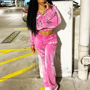 Wholesale Custom Women Distressed Screen Print Tracksuit High Quality Wash Sun Faded <b>Cropped</b> <b>Zip</b> <b>up</b> Hoodies Set Women Sweatsuits - Product Image 4