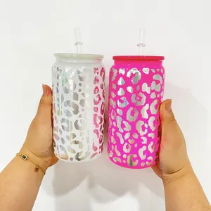16oz 16 oz Holographic Leopard Cheetah Print Glass Can Rainbow Shimmer Glitter Beer Glass Can with Colored Plastic Lid and Straw