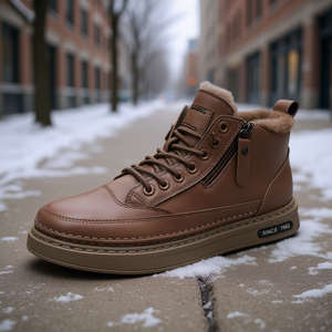 Bottes Chukka montantes pour hommes en cuir PU, bout rond, à lacets, chaussures décontractées d'hiver avec doublure en peluche et semelle en caoutchouc - Product Image 2