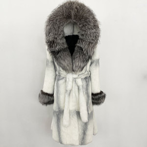 OFTBUY Winter <strong>Women</strong> Coat Hooded Belt Natural Rabbit Fur <strong>Jacket</strong> Ladies Real Rabbit Fur Coat Thick Warm Long Outerwear Casual - Product Image 1
