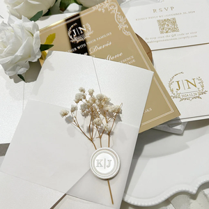 Personal isierte Luxus Gold Spiegel lädt elegante botanische und Goldfolie Tasche Acryl Hochzeits einladungen mit QR-Code RSVP - Product Image 4