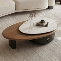 Modern 360 °   Table basse rotative avec plateau en marbre blanc, plateau en placage de noyer, base noire, un seul tiroir, meubles de salon