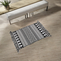 Bohemian Style Bedroom Bathroom Rug Runner 100% Cotton Cross Weave Antimicrobial Black Geometric Animal Print Reversible Tassels