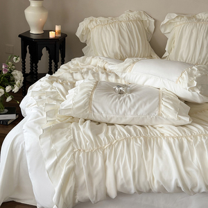French Princess Style Cotton <b>Bedding</b> <b>Set</b> 4 Pcs Bubble Pleated Edge Duvet Cover Home Use Solid Color Breathable - Product Image 2