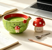 Ensemble de bols à matcha en céramique faits à la main avec support pour fouet en forme de champignon, bec verseur Chawan, cadeau mignon pour cérémonie du thé Cottagecore