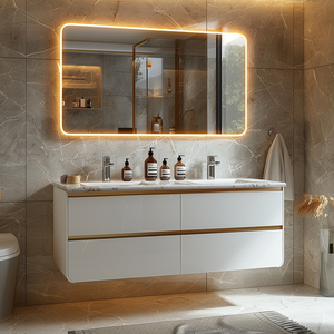 Lavabo da Bagno Sospeso in Ceramica di Lusso Stile Moderno Italiano con Specchio LED e Mobile in Acciaio Inox 304 per Villa - Product Image 1