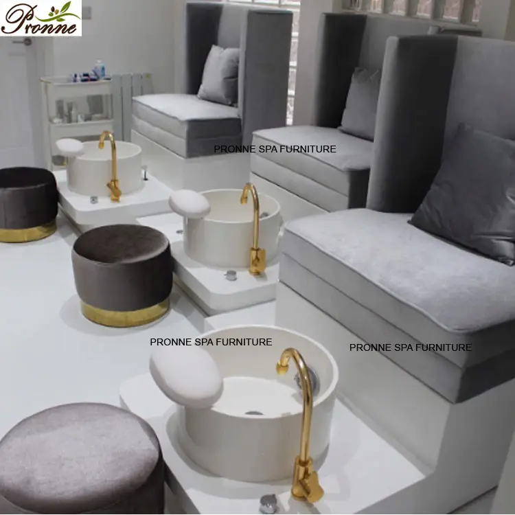 Высококачественное причудливое дизайнерское классическое Золотое косметическое оборудование, серый стул для спа с струйным насосом