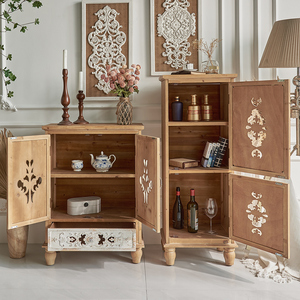 Farmhouse Vintage Storage Unit Flower Carved <b>Rustic</b> Wooden Living Room <b>Cabinet</b> with White 2 Door 1 Drawer - Product Image 6