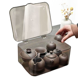 Transparent Tea Set Storage Box With <b>Lid</b> 40x40x25cm <b>Plastic</b> Rectangular Minimalist Design For Living Room Tableware Organization - Product Image 5