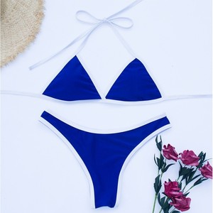 Ensemble de bikini trois pièces pour femme, haut croisé à nouer, bas string, grande taille, bordure contrastante, maillot de bain en fibre de polyester - Product Image 2