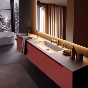 Modern <strong>Light</strong> Luxury Cream Color All-in-One Basin MDF Mirrored Water Resistant Eco-Friendly Durable Bathroom Cabinet <strong>Oak</strong> Style - Product Image 1