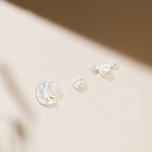 CANNER Wholesale 3 Pcs/Set 925 Sterling <b>Silver</b> Trendy Moon Pearl Zircon Rhodium Plated <b>Small</b> Stud <b>Earrings</b> for Women - Product Image 2