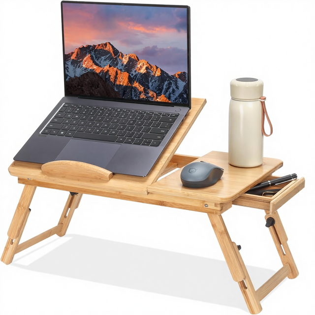 Adjustable Bamboo Laptop Desk Cooling Fan Foldable Bed Tray Breakfast Writing Drawing Tilting Top Drawer Portable Lap