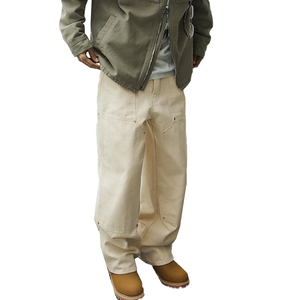 Pantalon de travail en toile beige classique pour homme, coupe ample et jambe large, avec double genouillère, personnalisable avec logo, style streetwear, vente en gros - Product Image 2