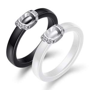 Bague en céramique 4 mm, forme géométrique noire et blanche, sertie de diamants, pour femme, bijoux cadeau - Product Image 1