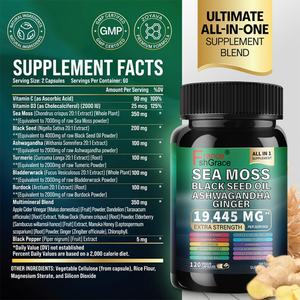 Musgo Marino, Aceite de Semillas Negras, Ashwagandha, Cúrcuma, Alga Marina, Bardana y Jengibre, Vitamina C, D3, etc., 120 Cápsulas - Product Image 4