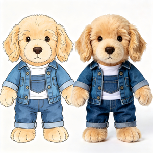 Adorable Fluffy Golden Dog Plush Doll Cute <strong>Puppy</strong> Stuffed Toy Dressed in Denim Jacket and White T-shirt Dog Plush Toy - Product Image 1