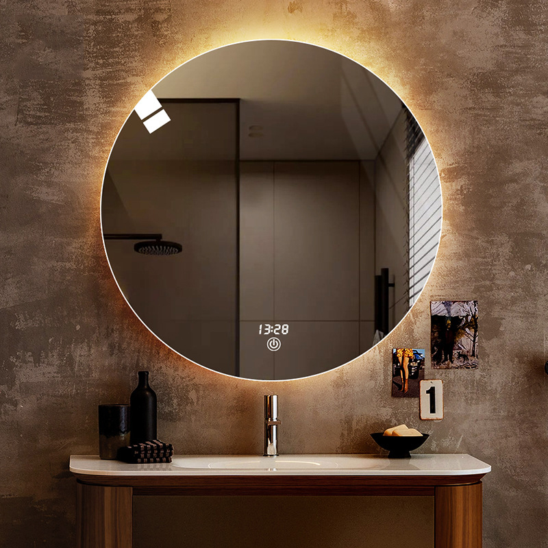 Miroir circulaire intelligent de salle de bains, avec écran tactile, à montage mural, avec lampe LED