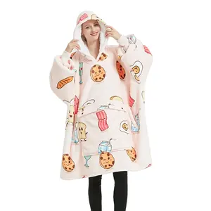 Flannel Panda Wholesale Wearable Custom Print OEM Design Oversized Warmer Cozy Long Lined Sherpa Fleece Hoodie Blanket With Hood