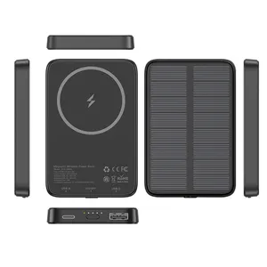 Mini And Portable Magnetic Solar power bank 5000mah Dual output Wireless Charging solar Charger for iphone 12 Min 13 Pro Black