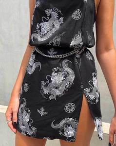 Vestido Corto Estilo Chino WEIXIN para Mujer, con Abertura Lateral, Estampado de Dragón Negro - Product Image 3