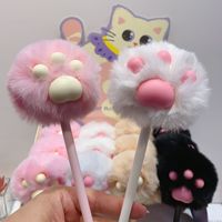 Stylo gel créatif en forme de patte de chat en peluche, mignon, avec boule de fourrure, 0,5 mm, plastique noir, 16 pièces par boîte, stylos neutres en gros