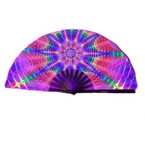 13 Inch UV Glow Women/Men <b>Folding</b> Rave Fan Holographic Bamboo Clack Hand Fan for Festival Music Party Wedding Decorations - Product Image 4