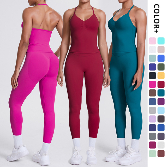 XS-2XL Women's Seamless Yoga Suit 2 Piece Set Halter Neck Sports Vest Top High-Waisted Butt Scrunch Leggings Workout Sets