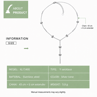 Collier Lariat en Acier Inoxydable avec Breloques Fleur, Plaqué Rhodium, Design Minimaliste pour un Port Quotidien