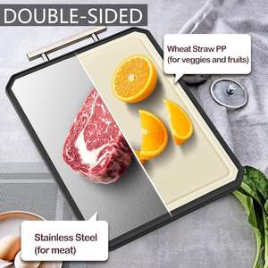 Planche à découper double face en paille de blé et acier inoxydable 304 avec poignée, grande taille, populaire pour la cuisine, vente en gros - Product Image 2