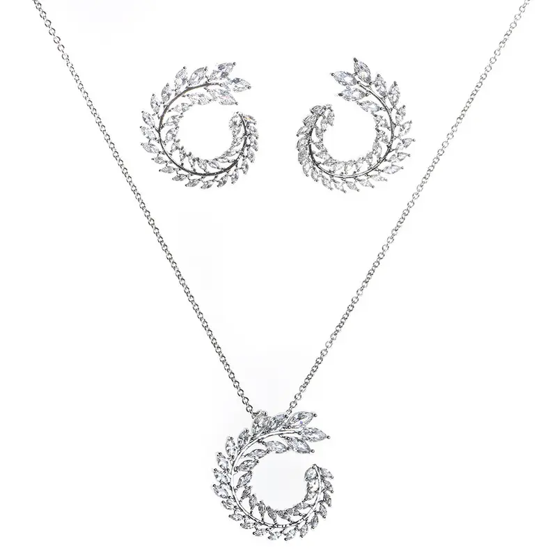 Fancy Classic Jewelry Charms 2PCS Cubic Zirconia Leaf Shape Earrings Necklace Wedding Jewelry Set For Women