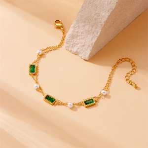 European American Style Retro Multi Layer Gold Plated Stainless Steel Chain Flower Bracelet With Green Stone And Pearl - Product Image 2
