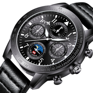 Montre chronographe de style pilote pour homme, lunette tachymètre, phase de lune, bracelet en cuir noir - Product Image 6