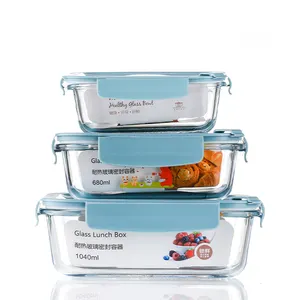 Grosir Jelas Microwave BPA Gratis Kotak Makan Kaca Kotak Makan Siang Wadah Makanan Kaca dengan Tutup Plastik Tas Kotak Makan Siang Anak-anak