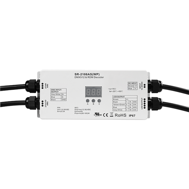 Sunricher 5CH DMX512 & RDM Decoder | IP67 Waterproof RGBCCT Controller with Digital Display & OEM Support