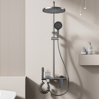 Kit de douche complet gris pour salle de bain, avec pommeau de douche, mitigeur monocommande chaud/froid chromé, fixation murale en céramique, jet doux