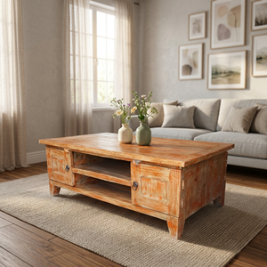 Mesa de Centro de Madera de Acacia Vintage, Muebles para el Hogar, Hotel, Granja, Jardín, 2 Cajones y Compartimentos, Artesanía India - Product Image 4