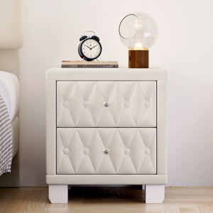 Velvet Nightstand With 2 <b>Drawers</b> Crystal Handle Button Tufted Beige <b>Storage</b> Bedside Table - Product Image 4