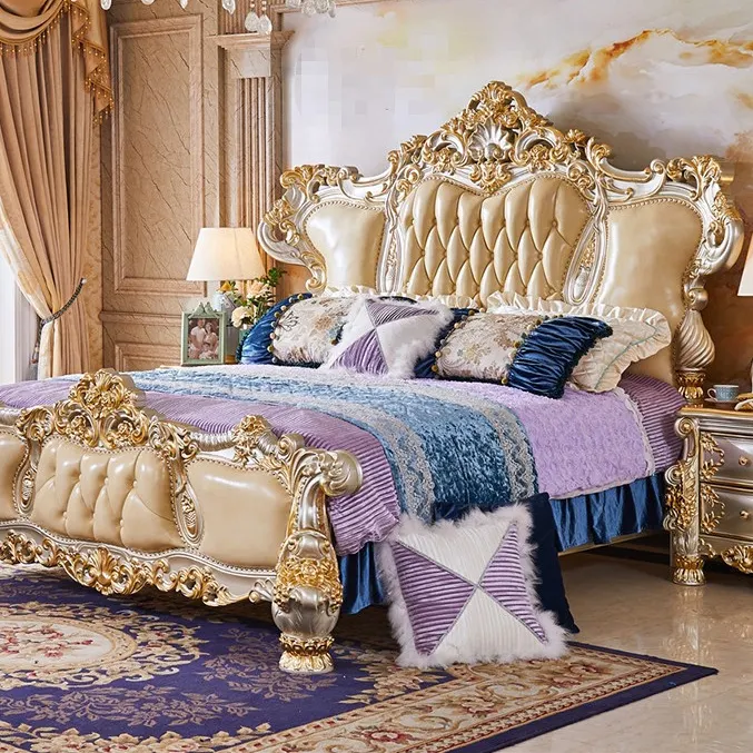 Lit en cuir européen Chambre à coucher de princesse américaine de luxe Lit sculpté en bois massif Lit double de jardin en or champagne